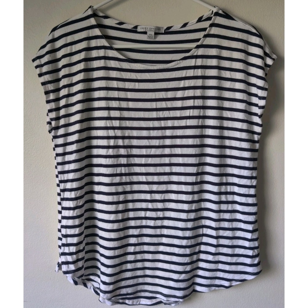 Green Envelope Black White Striped Cap Sleeve Curved Hem T-Shirt Blouse Size XXL